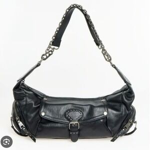 Steve Madden Black Faux Leather Hobo Bag Silver Chain Strap Moto Utility Edgy
